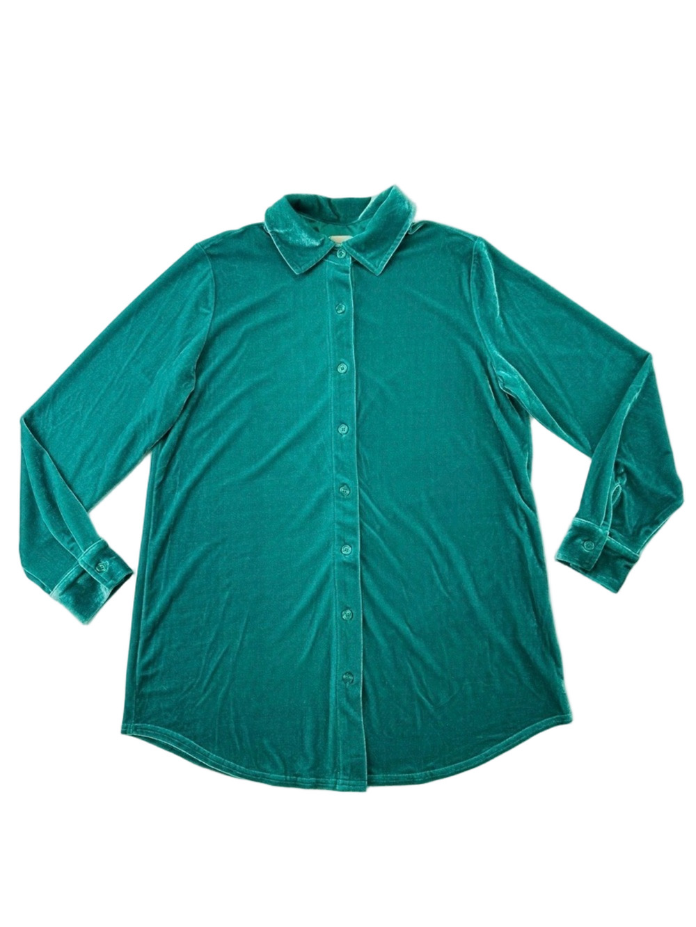 Soft Surroundings green velvety velour blouse XS button down holiday dressing